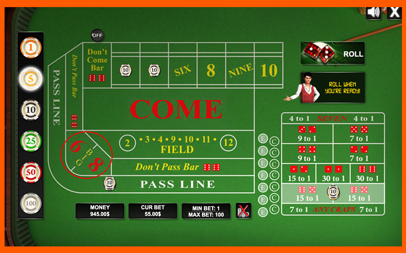 Vị trí đặt Place Bets 6 và 8, chiến lược chơi Craps mang lại lợi nhuận