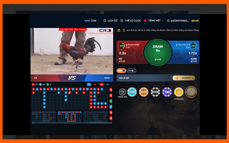 Giao diện đặt cược đá gà BOT88 trực tuyến