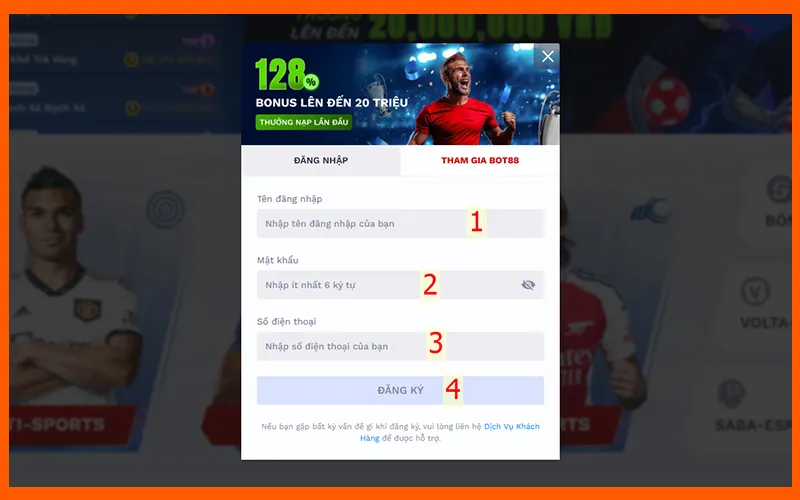 Thao tác nhập tên đăng nhập, mật khẩu và số điện thoại trên BOT88Alt: Người chơi điền thông tin cá nhân khi tạo tài khoản BOT88