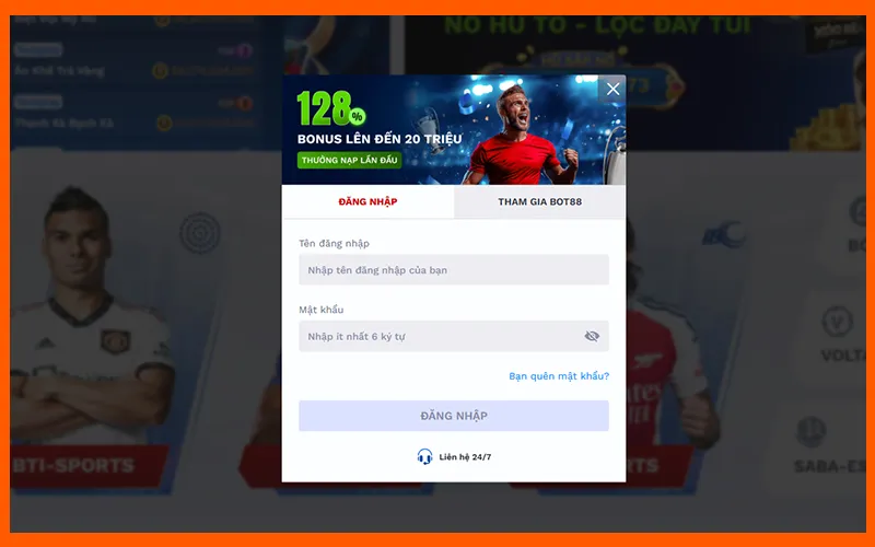 Giao diện đăng nhập BOT88 trên trang chủAlt: Biểu mẫu đăng nhập BOT88 nhà cái