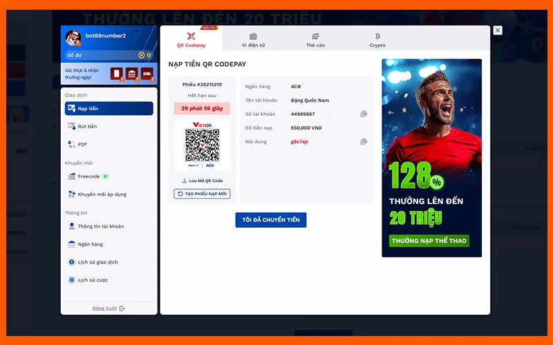 Nạp tiền BOT88 bằng chuyển khoản ngân hàng nội địaAlt: Chuyển khoản đến tài khoản nhận BOT88 từ ứng dụng ngân hàng
