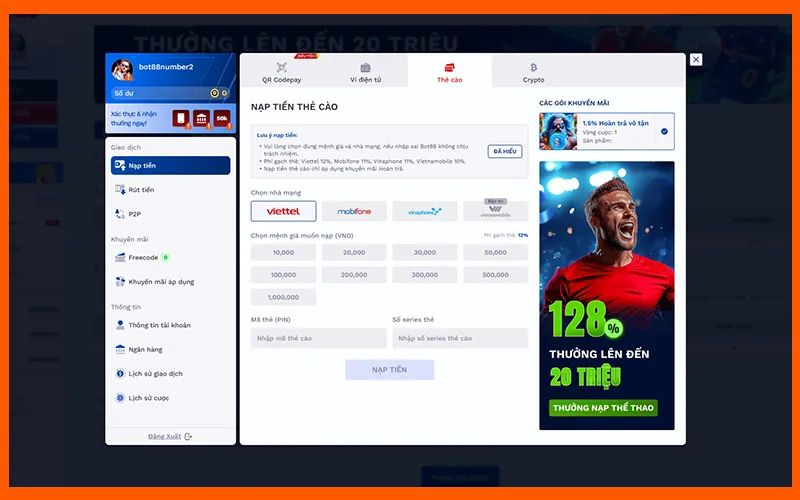 Chọn phương thức giao dịch trong hướng dẫn nạp tiền BOT88Alt: Hướng dẫn nạp tiền BOT88 với giao diện chọn hình thức thanh toán