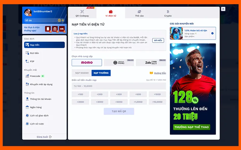 Thao tác nạp tiền BOT88 bằng Momo chỉ vài bước đơn giảnAlt: Giao diện quét mã Momo khi nạp tiền BOT88