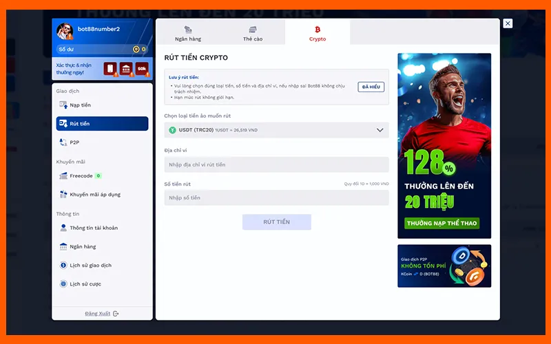 BOT88 hỗ trợ rút tiền linh hoạt qua USDT chỉ vài bướcAlt: Giao diện rút tiền BOT88 qua ví tiền ảo USDT, KDG