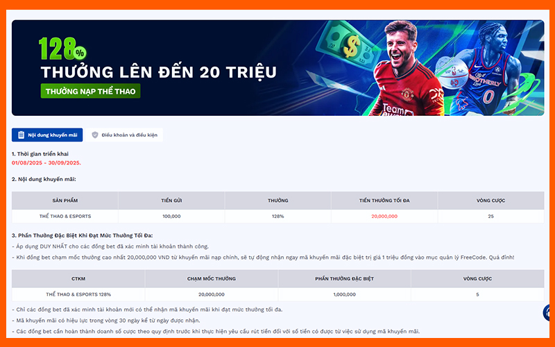 Ưu đãi thưởng nạp 128% BOT88 cho cược thể thao và Esports